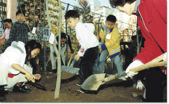 학생들이 학교 숲을 조성하고 있는 모습 (안양 신기초등학교)